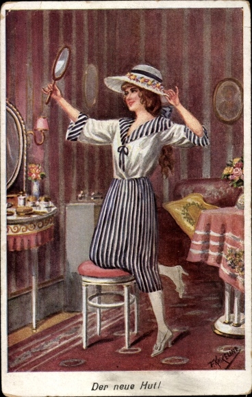 Artist PC Kaskeline, F., The new hat, woman with hand mirror