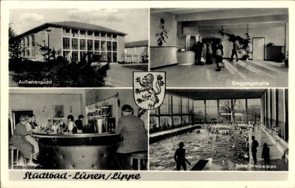 Coat of arms Postcard Lünen Lippe in North Rhine Westphalia, city bath, entrance hall, milk bar
