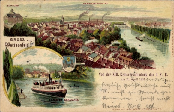 Litho Weißenfels an der Saale, Dampfer Germania, Schloss, Panorama