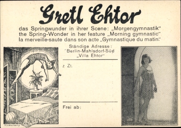 Postcard Berlin Marzahn Mahlsdorf, Gretl Ehtor, jumping wonder in her scene, morning gymnastics