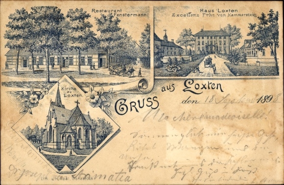 litho Loxten Nortrup in Nedersaksen, huis Loxten Frhr. v. Hammerstein, Restaurantraamman