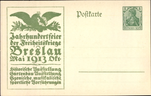 Briefpapier ansichtkaart Wrocław Breslau Silezië, eeuwfeest 1913, bevrijdingsoorlogen