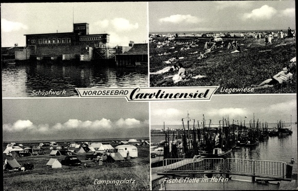 Postcard Carolinensiel Wittmund in East Friesland, campsite, lawn, pumping station, fishing fleet