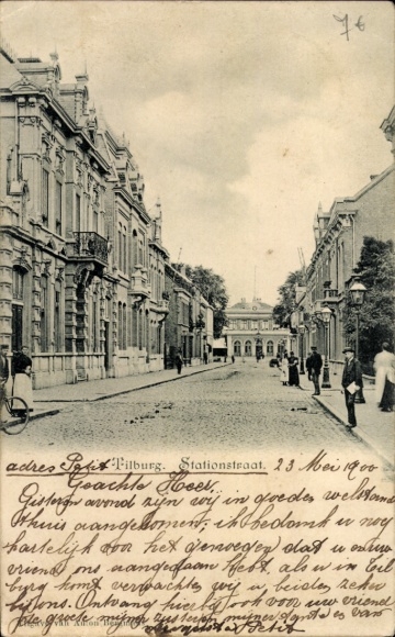 Ansichtkaart Tilburg, Noord-Brabant, Nederland, historische straat, gebouwen, mensen, rijtuigen, ansichtkaart...