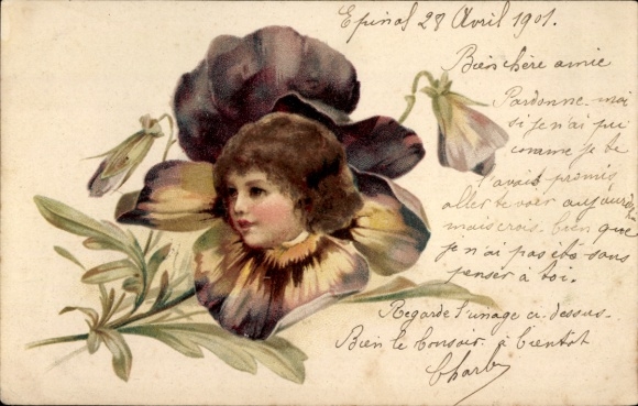 Chromo-Litho child, portrait, humanized pansies