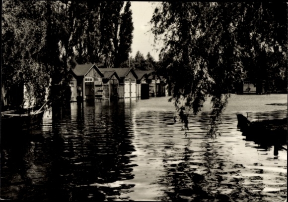 Ak Neubrandenburg in Mecklenburg, Bootshäuser am Oberbach, Wasserlandschaft, Bäume,  Architektur