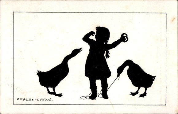 Paper cut Postcard Carus, geese, girls, pretzel, shoelaces