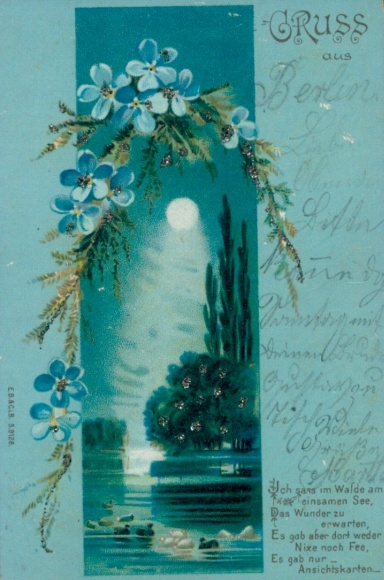 Glitter Moonlight Chromo-Litho Flowers, Pond, Ducks