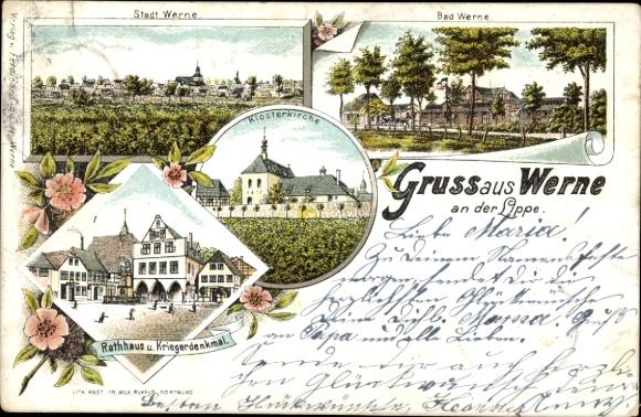 Chromo-Litho Werne an der Lippe Westphalia, monastery church, town hall, war memorial, total view