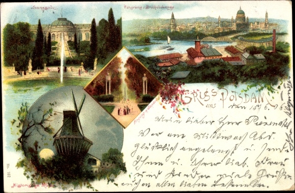 Chromo-Litho Potsdam in Brandenburg, panorama, Sanssouci, windmill, park