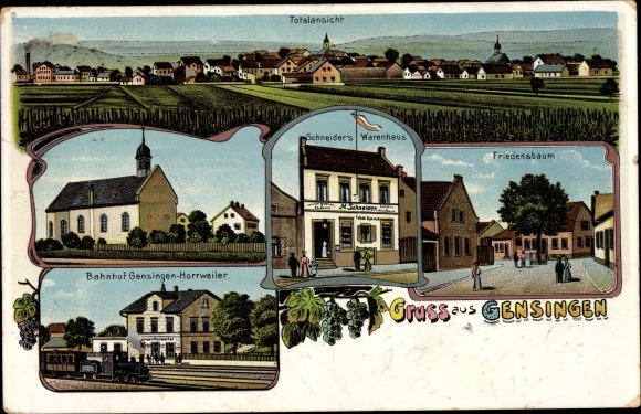 Chromo-Litho Gensingen in Rheinhessen, Friedensbaum, department store, Horrweiler train station, track side