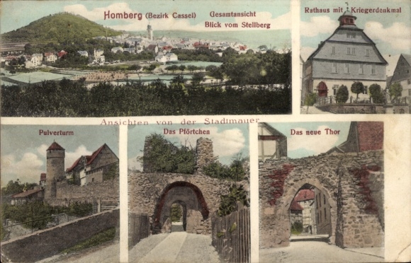 Postcard Homberg an der Efze Hesse, town hall, war memorial, gate, powder tower