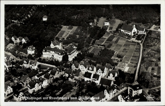 Postcard Plochingen am Neckar, aerial photograph, hospital