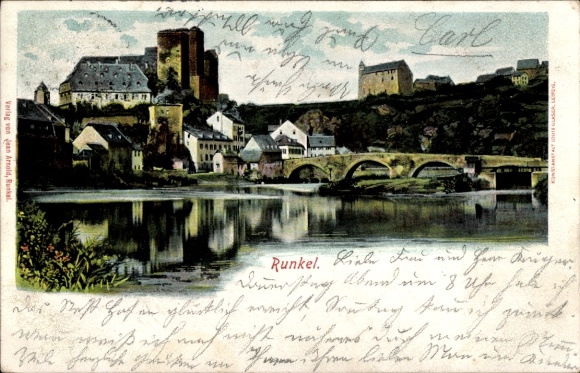 Postcard Runkel in the district of Limburg Weilburg, castle, bridge