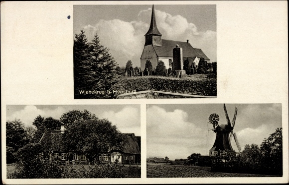 Ak Wiehekrug Grossenwiehe Sleeswijk-Holstein, kerk, windmolen