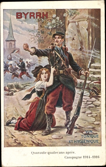 Artist PC Franse soldaat, vrouw in Elzasser kostuum, advertentie, Byrrh, Vin Tonique et Hygienique