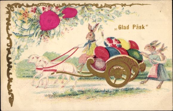 Fabric Embossing Chromo-Litho Congratulations Easter, Easter bunnies, wagon, Easter eggs, lambs