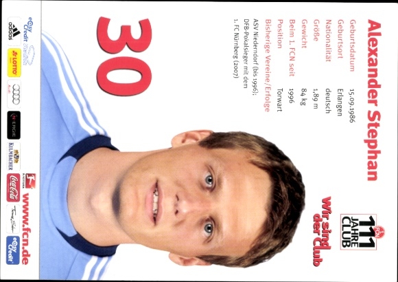 Autograph card footballer Alexander Stephan, 1. FC Nuremberg, autograph