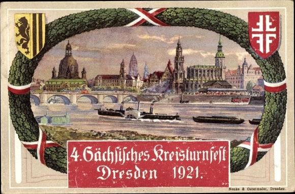 Artist coat of arms PC Dresden, 4th Saxon district gymnastics festival 1921, Friedrich August bridge