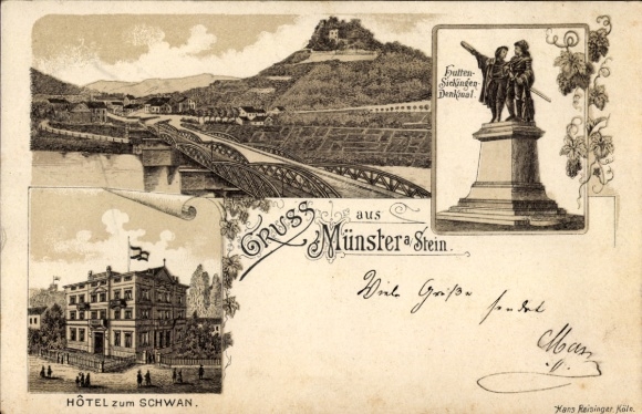 Litho Bad Münster am Stein, Panorama, Hotel zum Schwan, Hutten Sickingen Denkmal