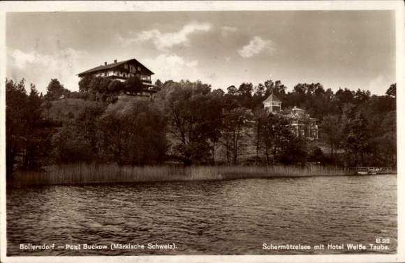 Postcard Bollersdorf Oberbarnim Märkisch Oderland, Schermützelsee with Hotel Weiße Taube