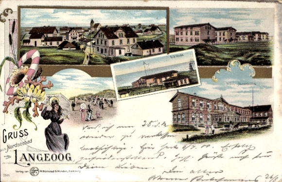 Chromo-Litho North Sea resort Langeoog, partial views, Giftbude, Hotel Ahrenholtz