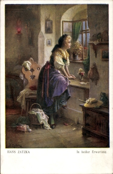 Kunstenaarskaart Zatzka, Hans, Vol verwachting, vrouw zittend op de vensterbank
