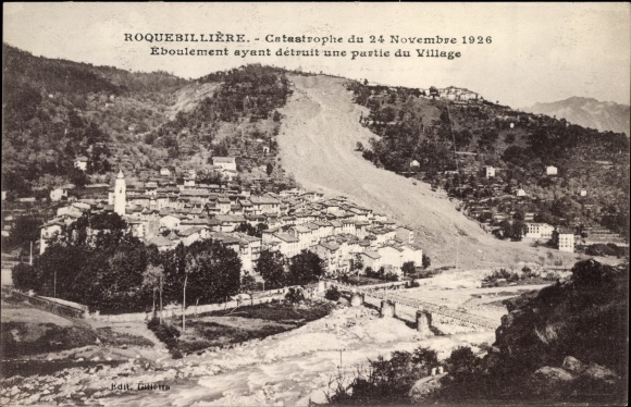 Postcard Roquebillière Alpes Maritimes, Disaster of 1926, Landslide