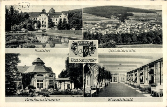 Postcard Bad Salzschlirf in Hesse, spa complex, pond, general view, Bonifatius fountain, promenade