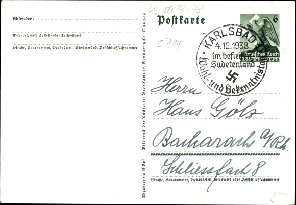 Postal stationery Postcard We thank our leader, Sudetenland, Bohemia, Moravia, Hitler