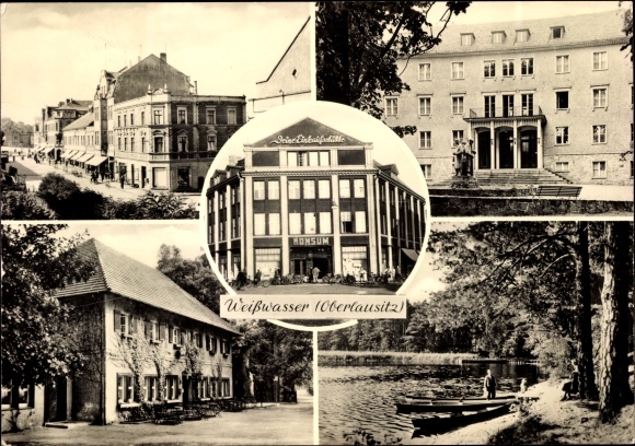 Postcard Weißwasser in der Oberlausitz, consumption shopping center, street area, building