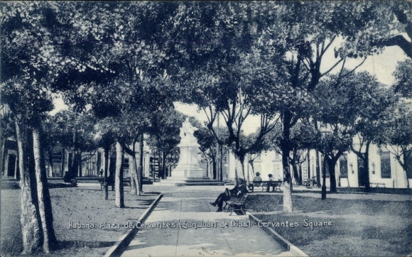 Postcard Havana Habana Cuba, Cervantes Square, statue, trees, park, benches