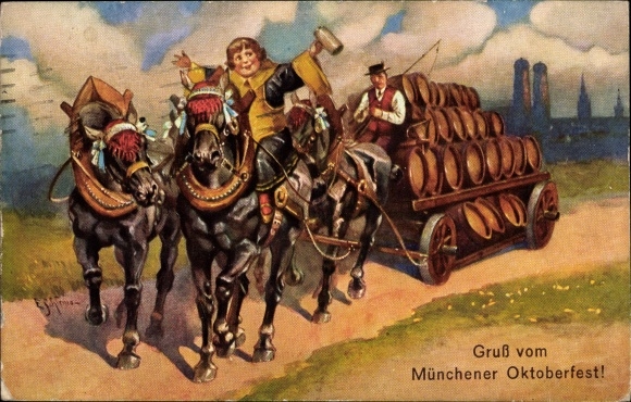 Artist PC Schlemo, E., Munich, Oktoberfest, Munich Kindl, beer wagon, horses, Mathäserbräu