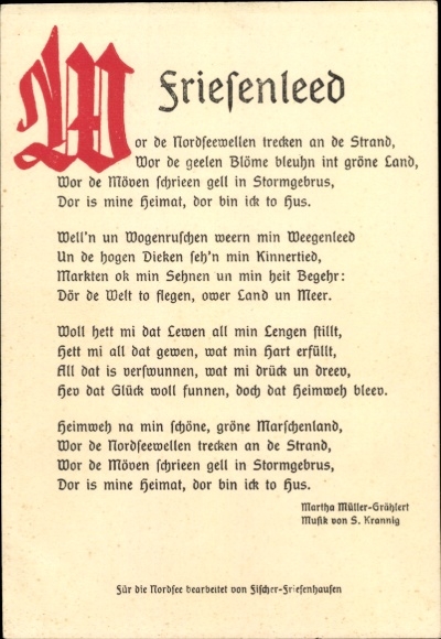 Song Postcard Friesenleed, Wor the North Sea waves reach the beach, Martha Müller Grählert