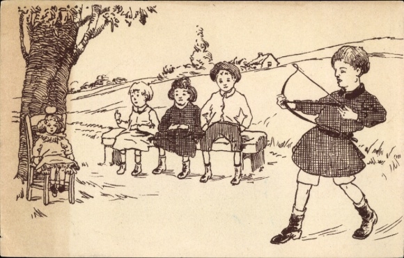Artist Postcard Junge wants to hit apple on the head of a doll with a bow