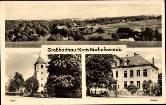 Ak Großharthau in Sachsen, Kirche, Schule, Panorama vom Ort