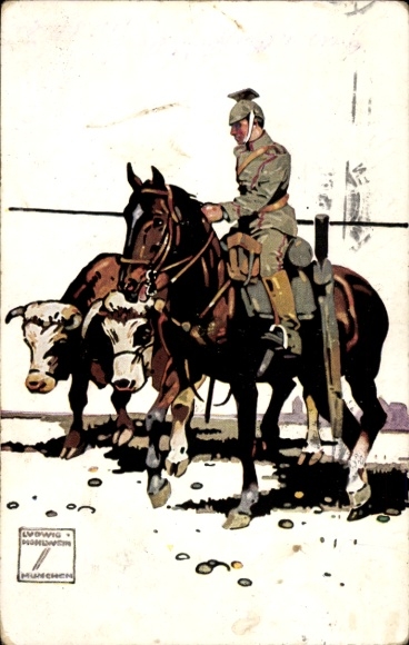 Artist PC Hohlwein, Ludwig, German soldier on a horse, cattle, draft animals