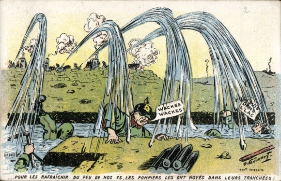 Artist Postcard Gournay, German soldiers in the water, shelling, caricature