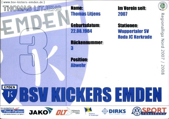 Karta autografu piłkarza Thomasa Litjensa, BSV Kickers Emden, autograf