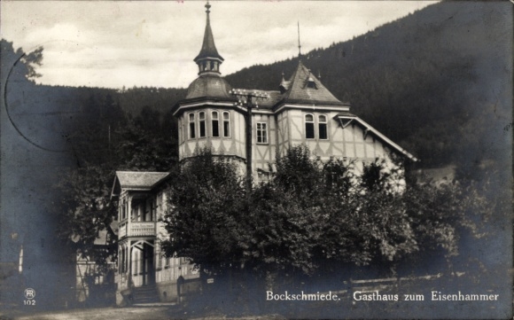 Ak Bockschmiede Döschnitz in Thüringen,  Gasthaus zum Eisenhammer, Gebäude im Wald