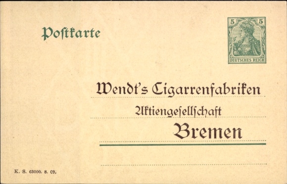 Postal stationery Postcard Hanseatic City of Bremen, Wendt's Cigar Factories Aktiengesellschaft