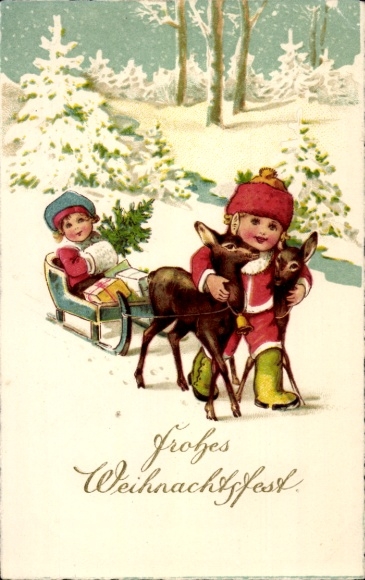 Picture Merry Christmas, children with sleigh, deer
