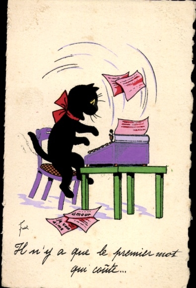 Artist Postcard Black Cat at Typewriter, Work, Documents