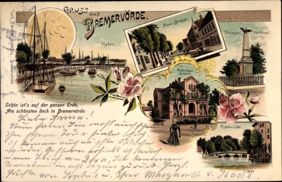 Chromo-Litho Bremervörde in Lower Saxony, port, new street, agricultural school, Ostebrücke