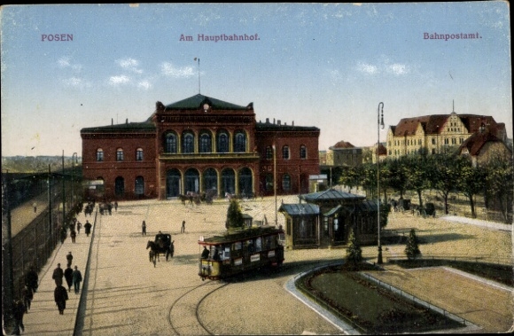 Postcard Poznań Posen, main station, railway post office, tram