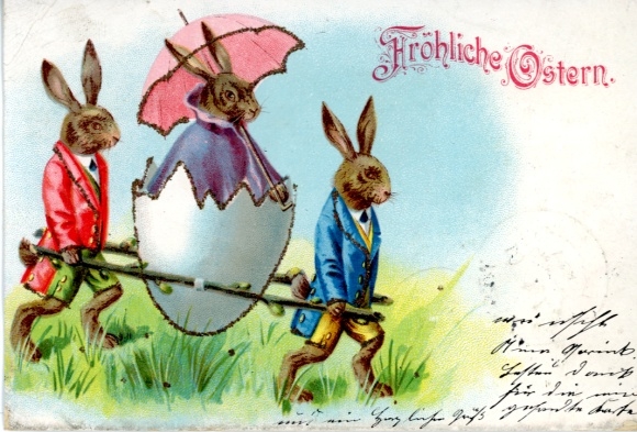 Glitter Chromo-Litho Congratulations Easter, Easter bunny, eggshell, sedan chair