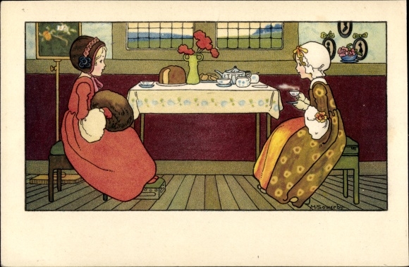 Kunstenaarskaart Sowerby, M., meisjes bij thee, uitnodiging voor koffie Erna Tiede, Constanze Duckmeyer