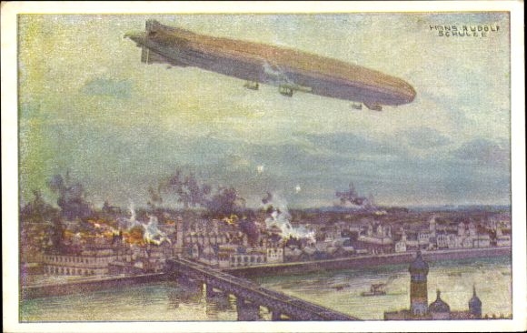 Artist Postcard Schulze, Hans Rudolf, Zeppelin, airship Schütte Lanz, bombing Warsaw, I. WK