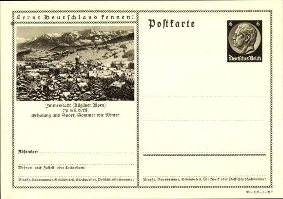 Postal stationery PC Immenstadt in Allgäu Swabia, town in winter