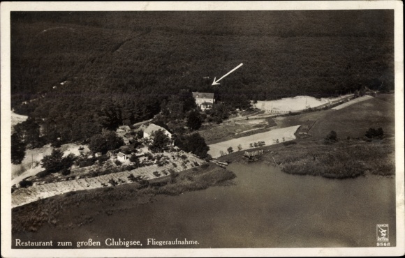Ak Wendisch Rietz im Kreis Oder Spree, Fliegeraufnahme, Gaststätte zum großen Glubigsee, Klinke 9568